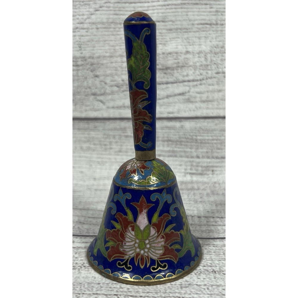 Cloisonne Vintage Enamel Small Chinese Hand Bell Blue Floral 4.5"